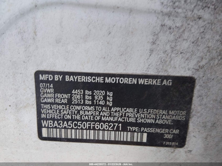 2015 BMW 3 series VIN WBA3A5C50FF606271 IAAI salvage auction — WATER/FLOOD, Other, sold $450 on 2026-07-13 (photo 9)
