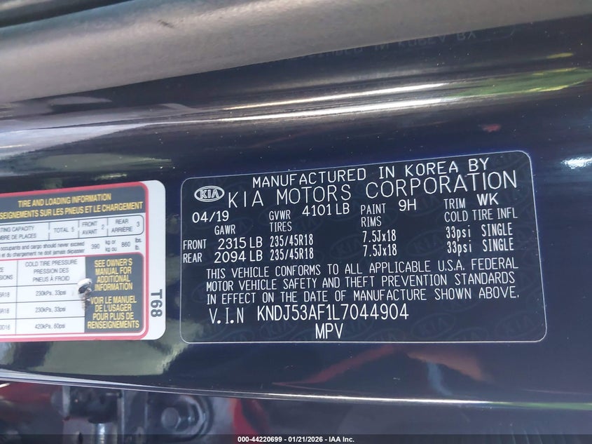 2020 Kia Soul VIN KNDJ53AF1L7044904 IAAI salvage auction — FRONT END, Salvage Title, sold $1,250 on 2026-07-08 (photo 9)