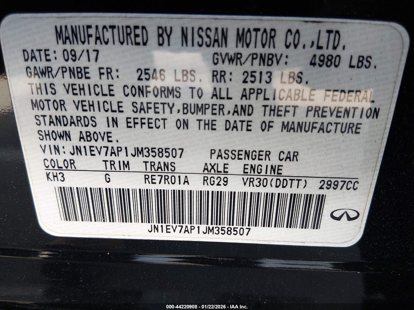 2018 Infiniti Q50 VIN JN1EV7AP1JM358507 IAAI salvage auction — FRONT END, Salvage (North Carolina), sold $4,550 on 2026-07-22 (photo 9)