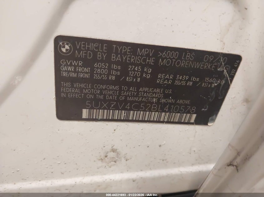 2011 BMW X5 VIN 5UXZV4C52BL410578 IAAI salvage auction — RIGHT FRONT, Salvage (Texas), sold $475 on 2026-07-26 (photo 9)
