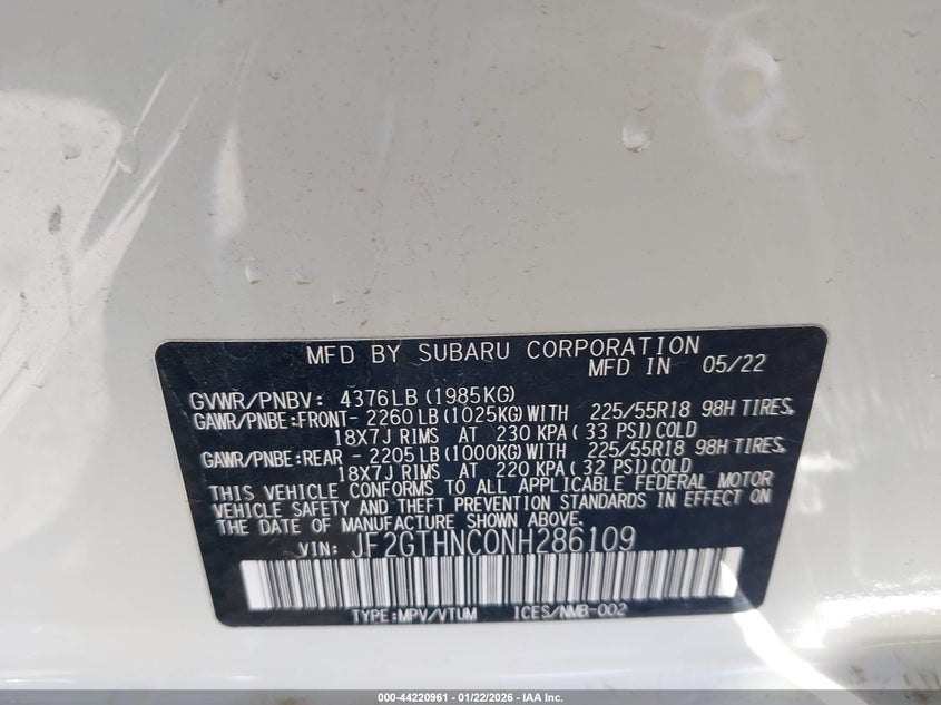 2022 Subaru Crosstrek VIN JF2GTHNC0NH286109 IAAI salvage auction — ROLLOVER, Salvage (Texas), sold $2,050 on 2026-07-15 (photo 9)