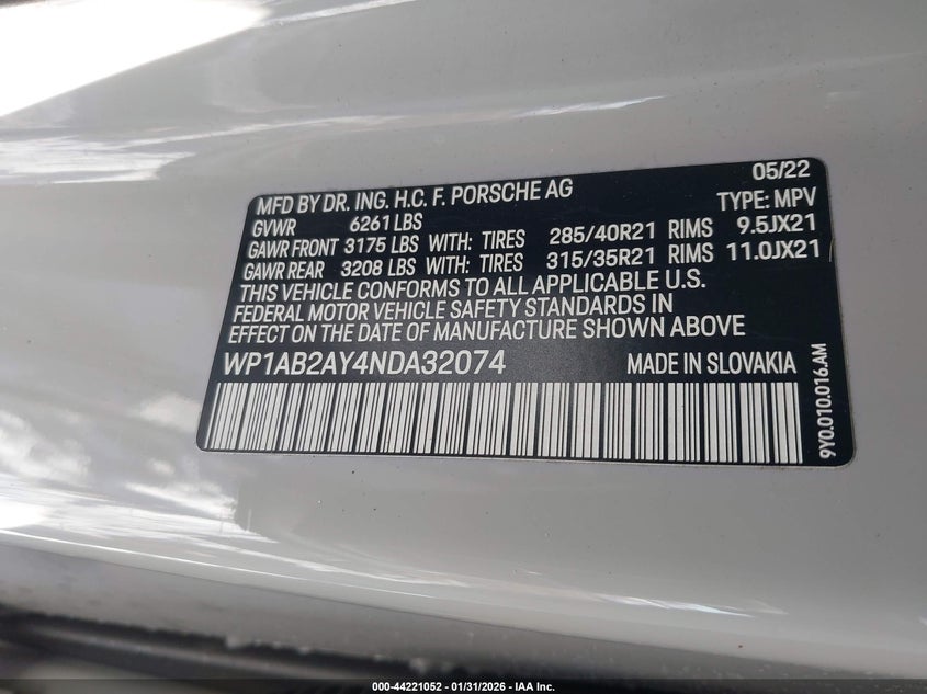 2022 Porsche Cayenne VIN WP1AB2AY4NDA32074 IAAI salvage auction — FRONT END, Salvage (Idaho), sold $6,100 on 2026-10-20 (photo 9)
