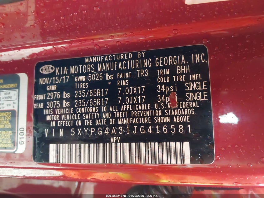 2018 Kia Sorento VIN 5XYPG4A31JG416581 IAAI salvage auction — FRONT END, Salvage (Georgia), sold $1,325 on 2026-07-09 (photo 9)