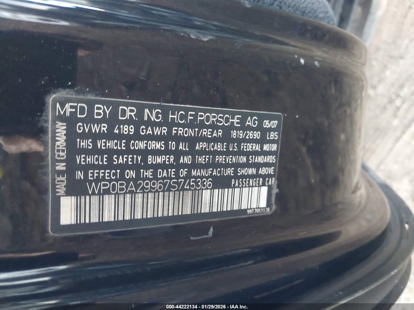 2007 Porsche 911 VIN WP0BA29967S745336 IAAI salvage auction — REAR END, Salvage (Arizona), sold $30,700 on 2026-08-04 (photo 9)