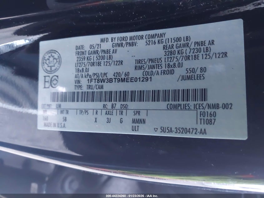 2021 Ford F-350 VIN 1FT8W3BT9MEE01291 IAAI salvage auction — FRONT END, Other, sold $14,100 on 2026-07-28 (photo 8)