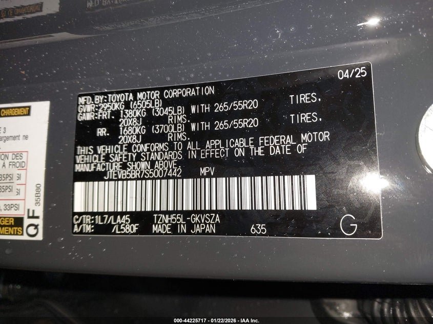 2025 Toyota 4runner VIN JTEVB5BR7S5007442 IAAI salvage auction — FRONT & REAR, Salvage Title, sold $33,250 on 2026-07-13 (photo 9)