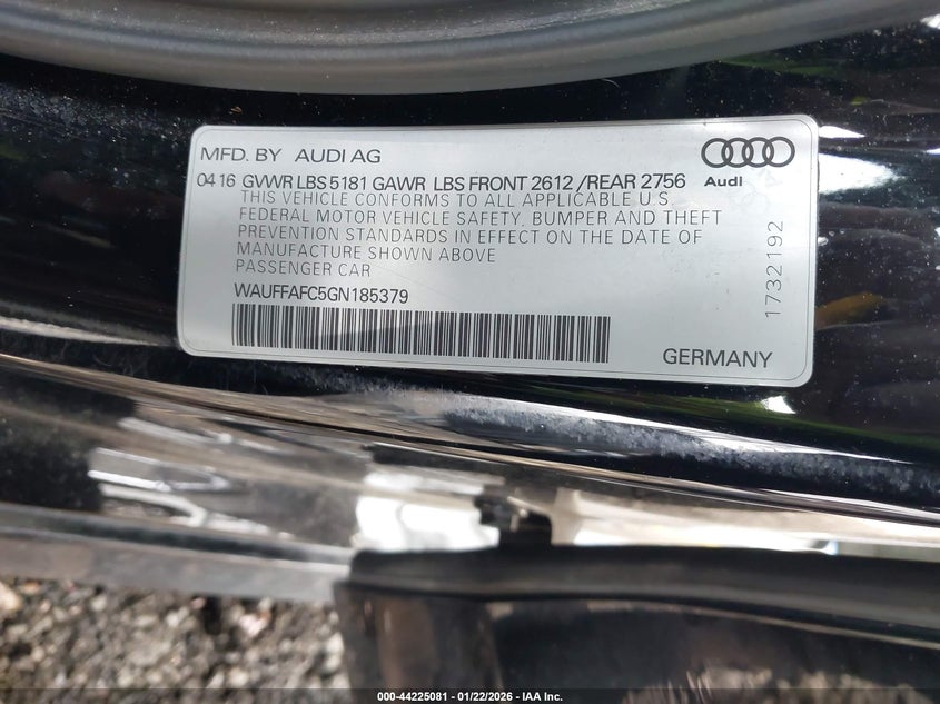 2016 Audi A6 VIN WAUFFAFC5GN185379 IAAI salvage auction — FRONT END, Salvage Title, sold $850 on 2026-07-13 (photo 9)