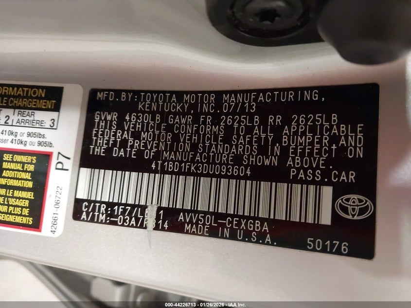 2013 Toyota Camry VIN 4T1BD1FK3DU093604 IAAI salvage auction — SIDE, Regular (South Dakota), sold $1,425 on 2026-07-21 (photo 9)