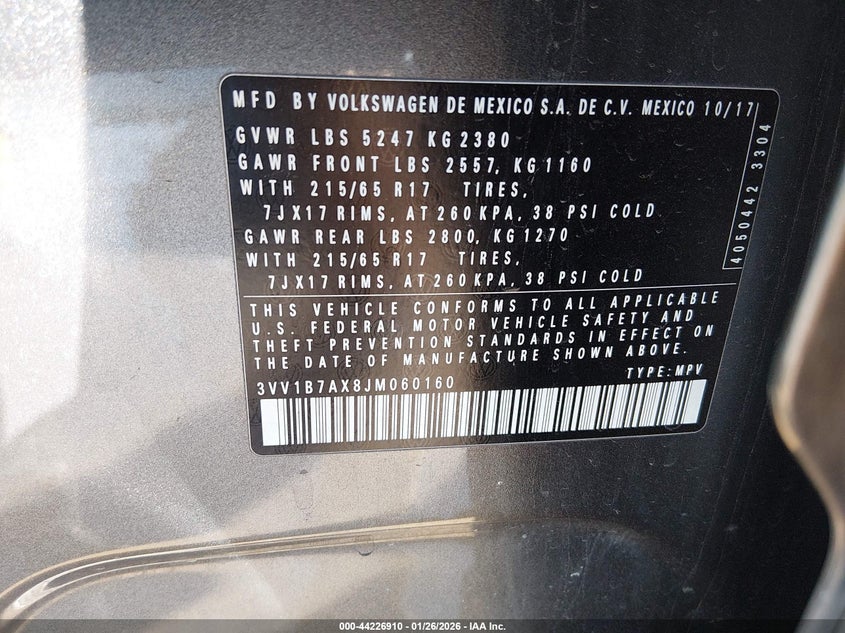 2018 Volkswagen Tiguan VIN 3VV1B7AX8JM060160 IAAI salvage auction — FRONT END, Salvage Title, sold $900 on 2026-07-11 (photo 9)