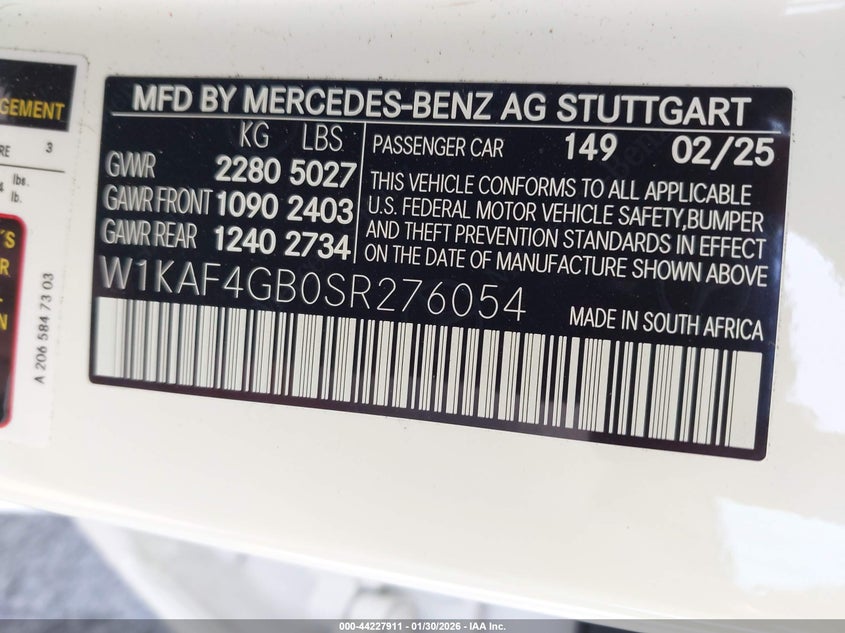 2025 Mercedes-benz C-klasse VIN W1KAF4GB0SR276054 IAAI salvage auction — RIGHT SIDE, Salvage Title, sold $20,650 on 2026-07-20 (photo 9)