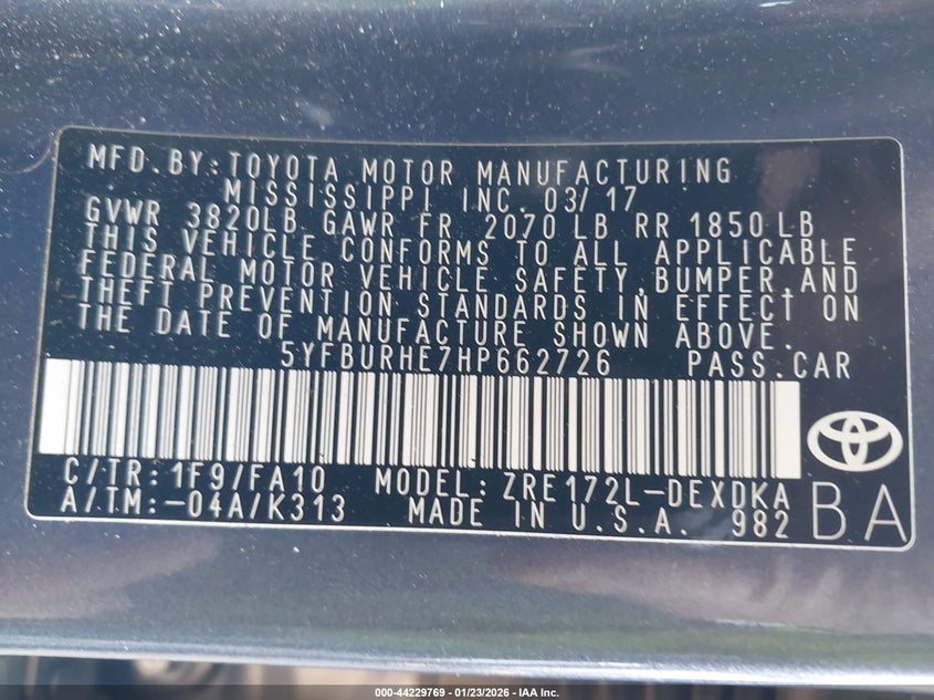 2017 Toyota Corolla VIN 5YFBURHE7HP662726 IAAI salvage auction — FRONT END, Other, sold $2,700 on 2026-07-13 (photo 9)