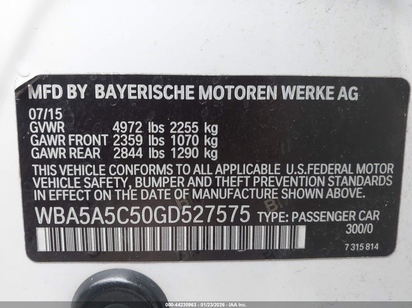 2016 BMW 5er VIN WBA5A5C50GD527575 IAAI salvage auction — LEFT SIDE, Salvage Title, sold $3,500 on 2026-07-14 (photo 9)