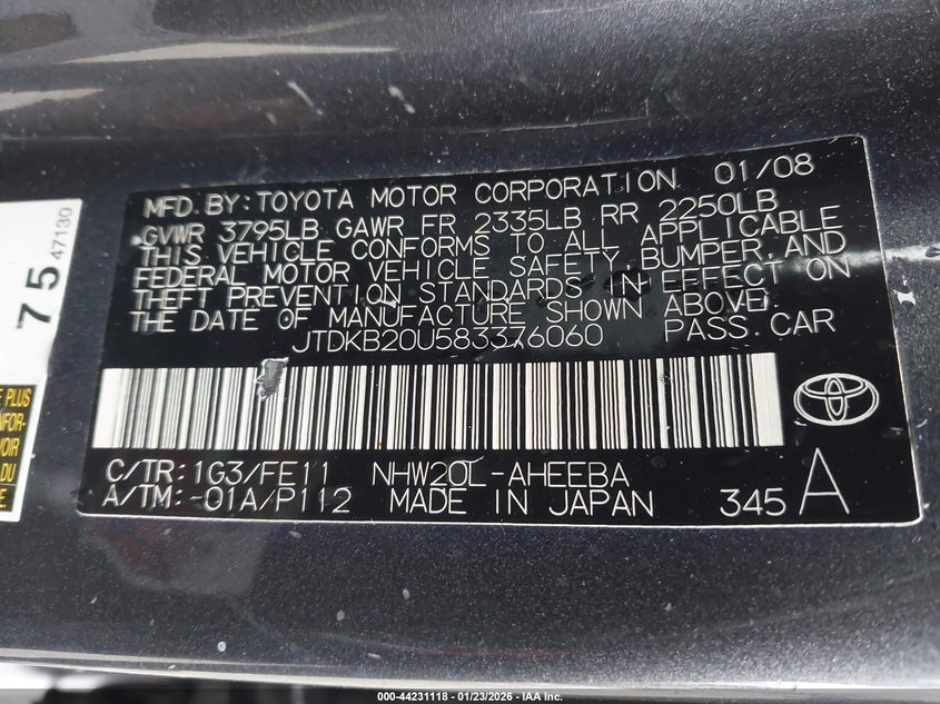 2008 Toyota Prius VIN JTDKB20U583376060 IAAI salvage auction — FRONT END, Salvage (California), sold $425 on 2026-07-13 (photo 9)
