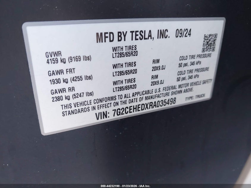 2024 Tesla Cybertruck VIN 7G2CEHEDXRA035498 IAAI salvage auction — REAR END, Other, sold $11,100 on 2026-07-22 (photo 9)