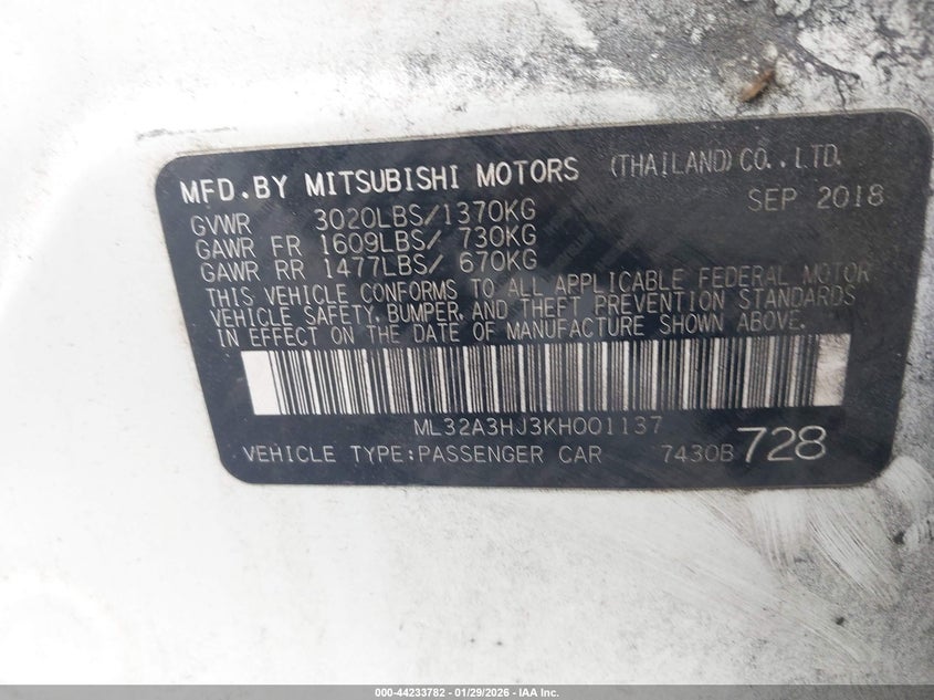 2019 Mitsubishi Mirage VIN ML32A3HJ3KH001137 IAAI salvage auction — ALL OVER, Rebuildable (Florida), sold $600 on 2026-07-18 (photo 9)