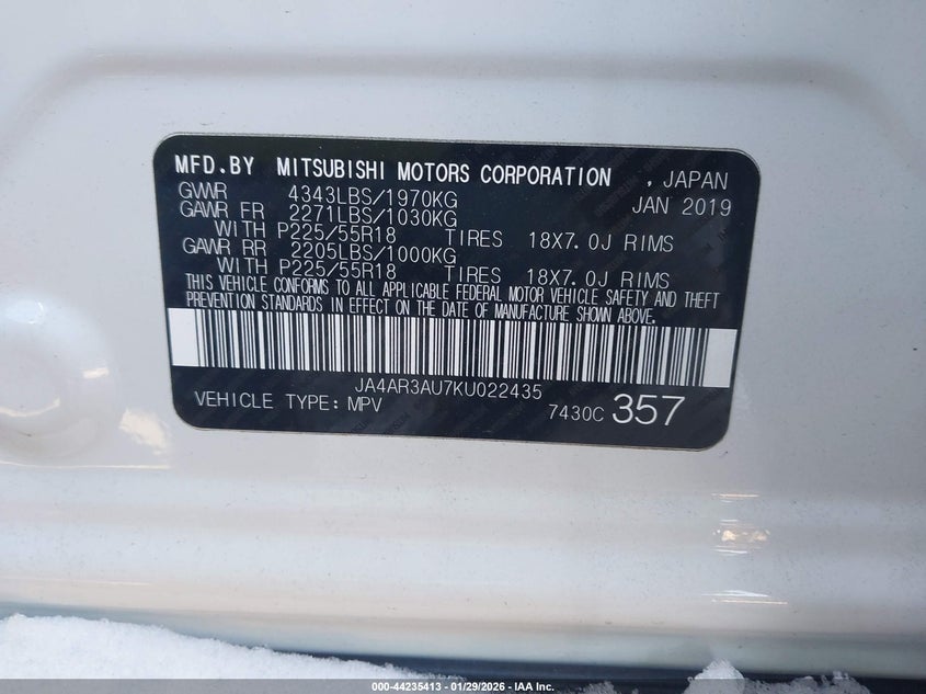 2019 Mitsubishi Outlander VIN JA4AR3AU7KU022435 IAAI salvage auction — FRONT END, Salvage Title, sold $2,950 on 2026-07-21 (photo 9)