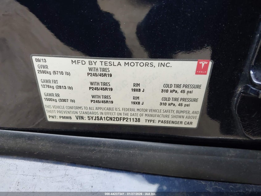 2013 Tesla Model s VIN 5YJSA1CN2DFP21138 IAAI salvage auction — FRONT END, Salvage Title, sold $4,400 on 2026-07-09 (photo 9)