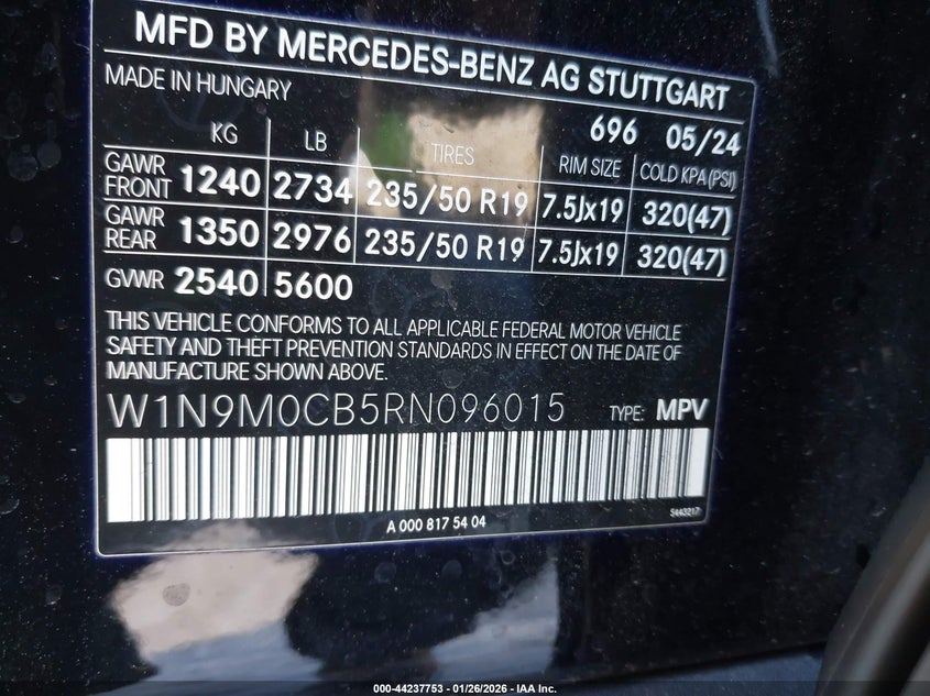 2024 Mercedes-benz Eqb VIN W1N9M0CB5RN096015 IAAI salvage auction — Front End, Salvage (North Carolina), sold $6,025 on 2026-03-27 (photo 9)