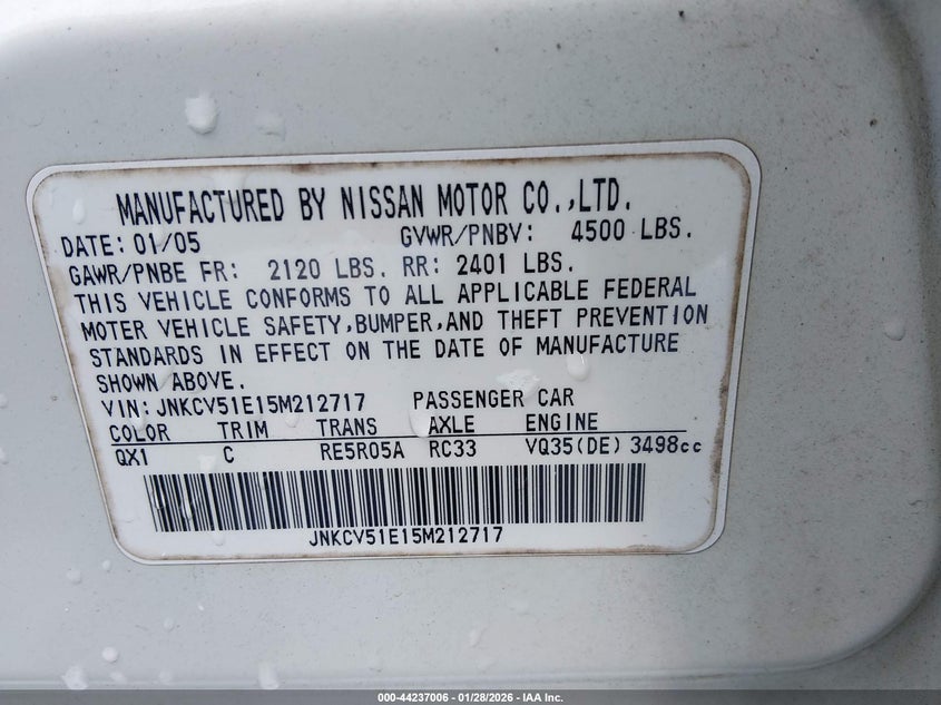 2005 Infiniti G VIN JNKCV51E15M212717 IAAI salvage auction — REAR END, Junk Receipt (North Carolina), sold $375 on 2026-07-15 (photo 9)