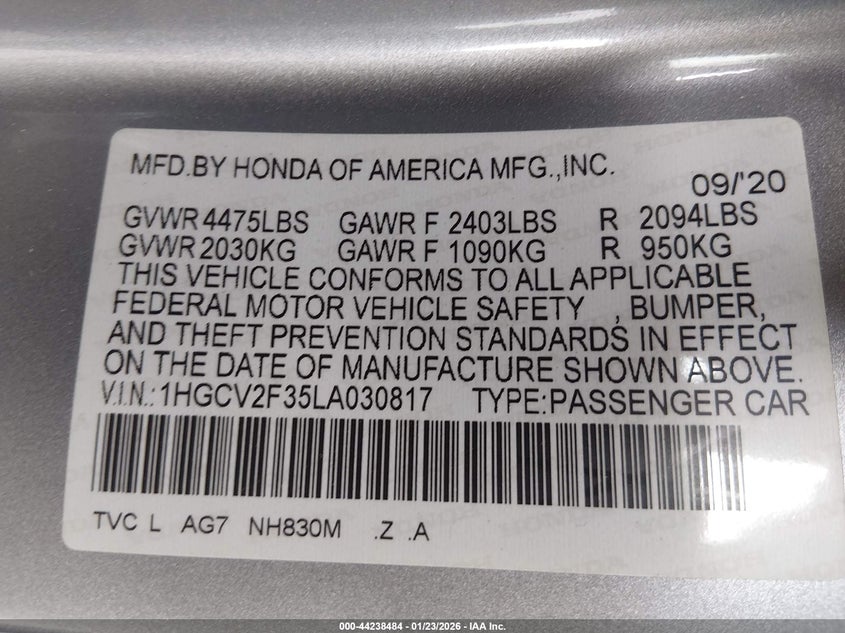 2020 Honda Accord VIN 1HGCV2F35LA030817 IAAI salvage auction — LEFT FRONT, Salvage (California), sold $6,000 on 2026-07-29 (photo 9)