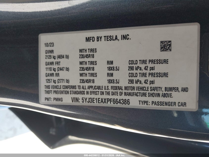 2023 Tesla Model 3 VIN 5YJ3E1EAXPF664386 IAAI salvage auction — REAR END, Salvage Title, sold $9,550 on 2026-07-21 (photo 9)