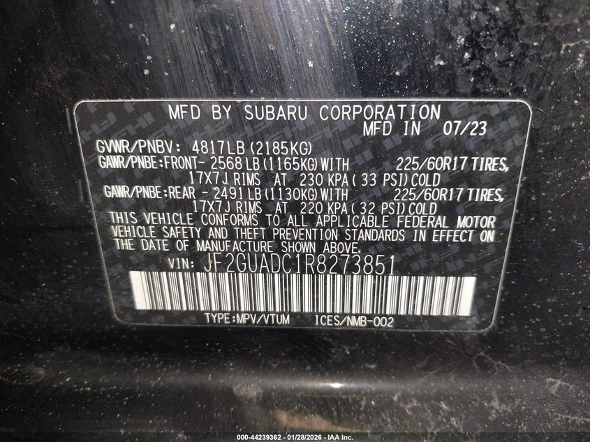 2024 Subaru Xv VIN JF2GUADC1R8273851 IAAI salvage auction — FRONT END, Salvage Title, sold $5,100 on 2026-07-07 (photo 9)