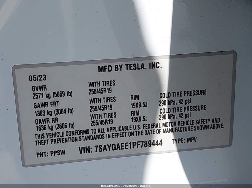 2023 Tesla Model y VIN 7SAYGAEE1PF789444 IAAI salvage auction — RIGHT FRONT, Other, sold $8,775 on 2026-07-16 (photo 9)