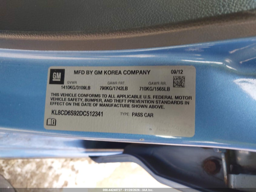 2013 Chevrolet Spark VIN KL8CD6S92DC512341 IAAI salvage auction — FRONT END, Salvage (Pennsylvania), sold $25 on 2026-07-24 (photo 9)
