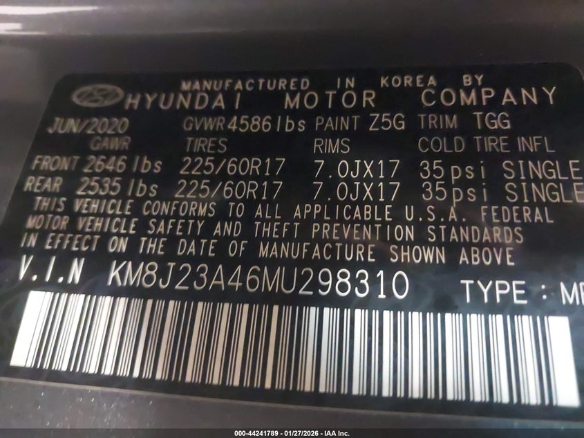 2021 Hyundai Tucson VIN KM8J23A46MU298310 IAAI salvage auction — LEFT FRONT, Clear (Alabama), sold $2,400 on 2026-07-13 (photo 9)