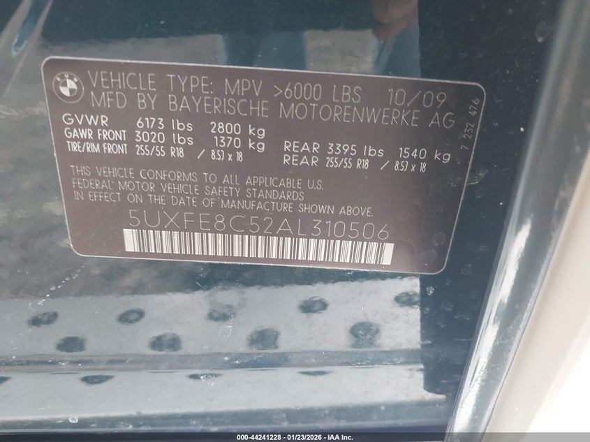 2010 BMW X5 VIN 5UXFE8C52AL310506 IAAI salvage auction — FRONT & REAR, Bill Of Sale (New York), sold $2,275 on 2026-07-07 (photo 9)