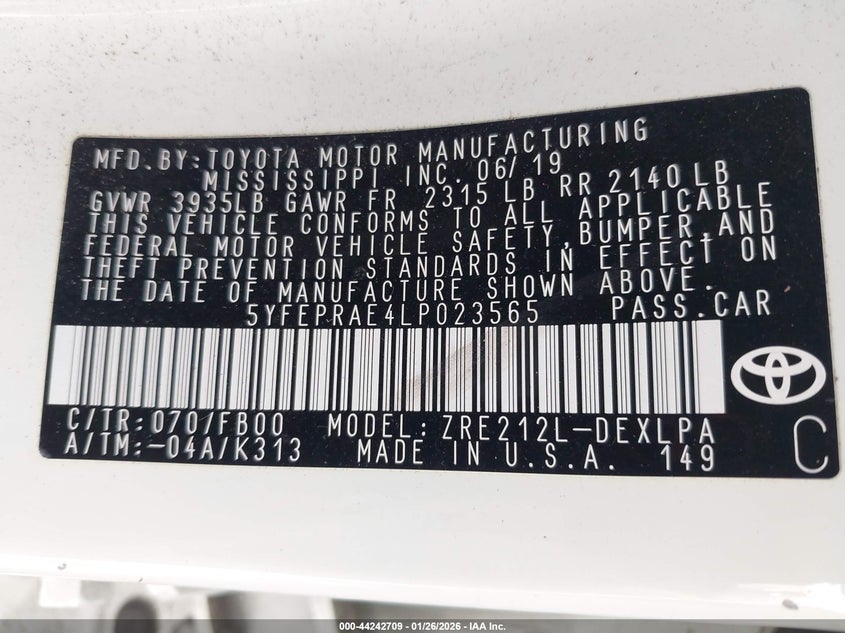 2020 Toyota Corolla VIN 5YFEPRAE4LP023565 IAAI salvage auction — FRONT END, Salvage Title, sold $2,950 on 2026-07-09 (photo 9)
