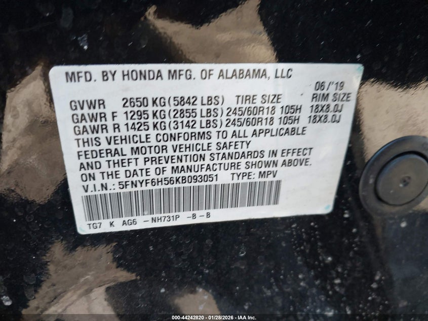 2019 Honda Pilot VIN 5FNYF6H56KB093051 IAAI salvage auction — REAR END, Salvage (Virginia), sold $4,950 on 2026-07-31 (photo 9)
