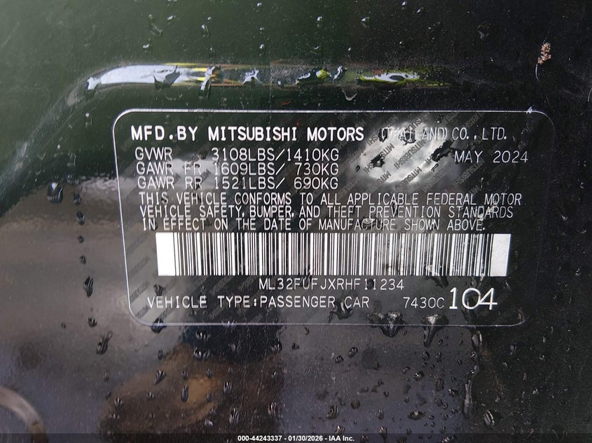 2024 Mitsubishi Mirage VIN ML32FUFJXRHF11234 IAAI salvage auction — REAR END, Salvage (North Carolina), sold $50 on 2026-07-29 (photo 9)