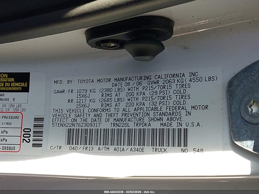 2006 Toyota Tacoma VIN 5TENX22N76Z309317 IAAI salvage auction — FRONT END, Salvage (Mississippi), sold $1,450 on 2026-07-23 (photo 9)