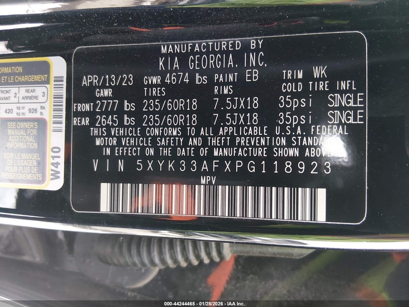 2023 Kia Sportage VIN 5XYK33AFXPG118923 IAAI salvage auction — FRONT END, Salvage (New Jersey), sold $3,850 on 2026-07-27 (photo 9)