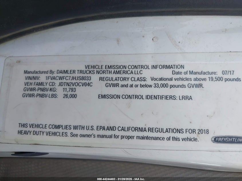 2018 VIN 1FVACWFC7JHJS8033 IAAI salvage auction — NORMAL WEAR, Clear (California), sold $29,150 on 2026-08-26 (photo 8)