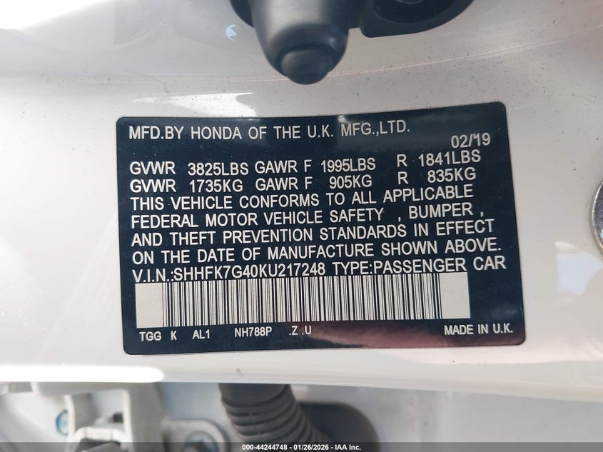 2019 Honda Civic VIN SHHFK7G40KU217248 IAAI salvage auction — FRONT END, Salvage Title, sold $6,550 on 2026-07-07 (photo 9)