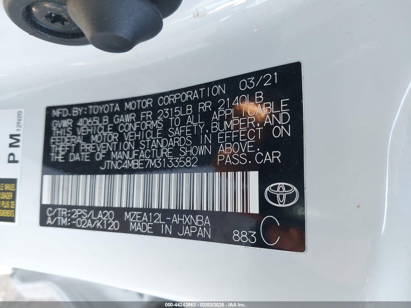 2021 Toyota Corolla VIN JTNC4MBE7M3133582 IAAI salvage auction — FRONT END, Salvage Title, sold $4,000 on 2026-07-29 (photo 9)
