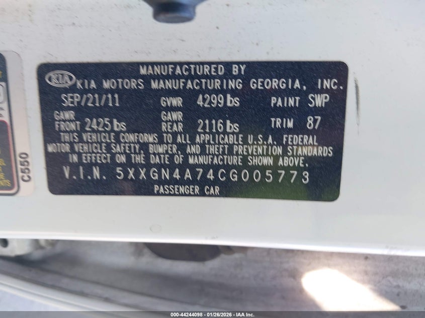 2012 Kia Optima VIN 5XXGN4A74CG005773 IAAI salvage auction — RIGHT FRONT, Salvage (California), sold $375 on 2026-07-06 (photo 9)