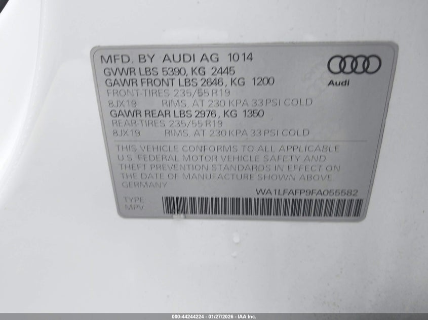 2015 Audi Q5 VIN WA1LFAFP9FA055582 IAAI salvage auction — REAR END, Salvage (California), sold $5,400 on 2026-07-13 (photo 9)