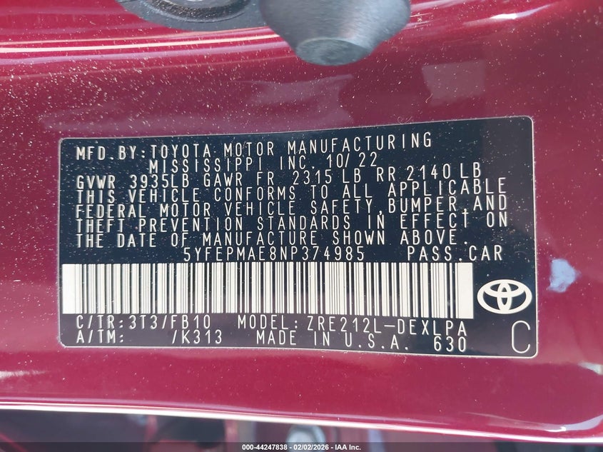 2022 Toyota Corolla VIN 5YFEPMAE8NP374985 IAAI salvage auction — FRONT END, Salvage (Georgia), sold $4,400 on 2026-07-09 (photo 9)