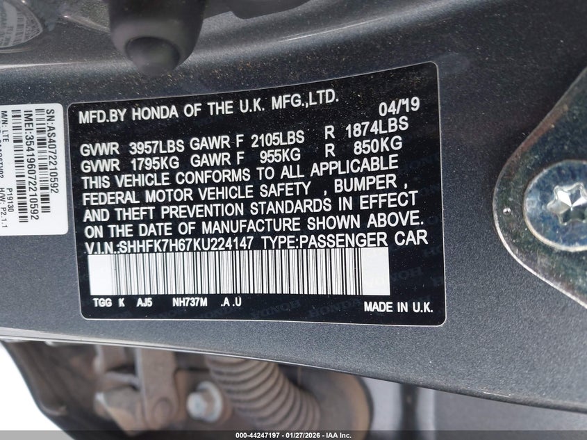 2019 Honda Civic VIN SHHFK7H67KU224147 IAAI salvage auction — FRONT END, Junk (Oklahoma), sold $25 on 2026-07-29 (photo 9)