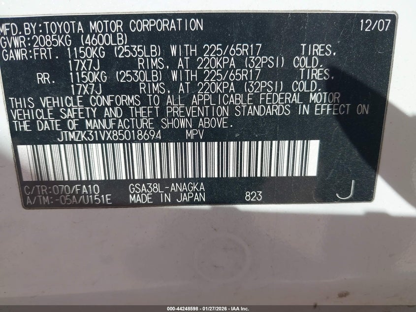 2008 Toyota Rav 4 VIN JTMZK31VX85018694 IAAI salvage auction — FRONT & REAR, Salvage (Texas), sold $1,175 on 2026-07-13 (photo 9)