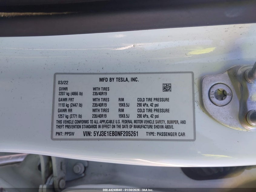 2022 Tesla Model 3 VIN 5YJ3E1EB0NF205261 IAAI salvage auction — ALL OVER, Salvage Title, sold $2,350 on 2026-07-28 (photo 9)