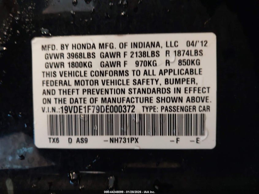 2013 Acura Ilx VIN 19VDE1F79DE000372 IAAI salvage auction — RIGHT SIDE, Salvage (Missouri), sold $525 on 2026-07-18 (photo 9)