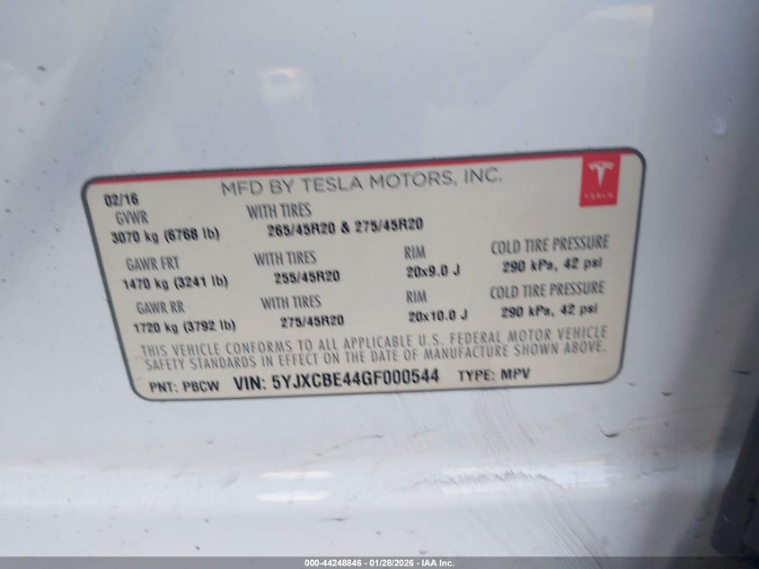 2016 Tesla Model x VIN 5YJXCBE44GF000544 IAAI salvage auction — REAR END, Salvage Title, sold $25 on 2026-07-27 (photo 9)