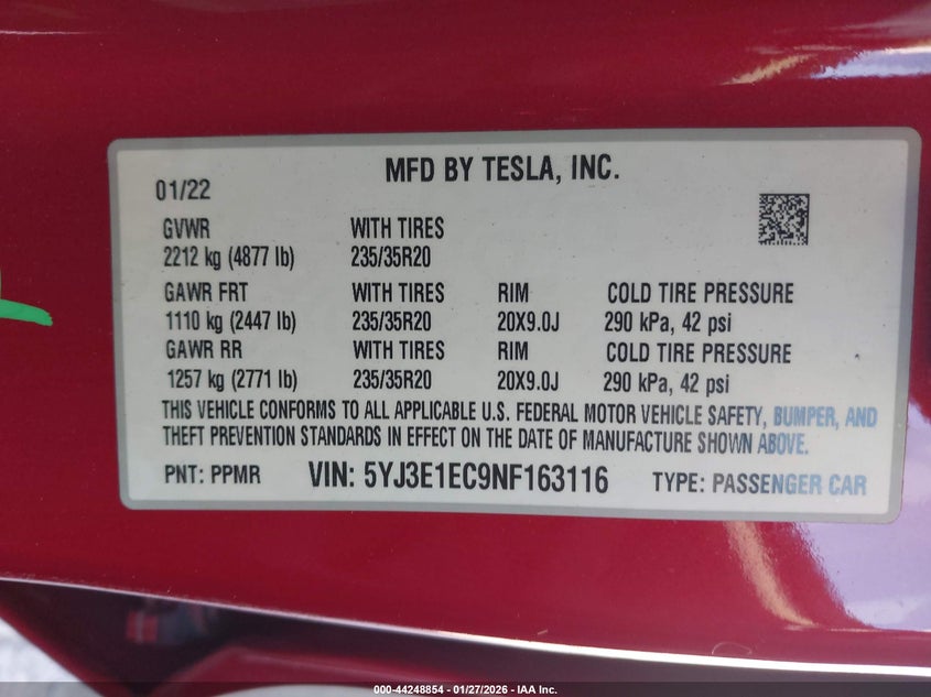 2022 Tesla Model 3 VIN 5YJ3E1EC9NF163116 IAAI salvage auction — LEFT REAR, Salvage Title, sold $25 on 2026-07-22 (photo 9)