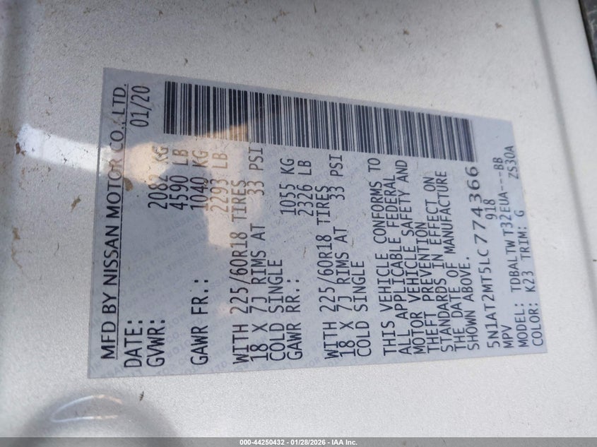 2020 Nissan Rogue VIN 5N1AT2MT5LC774366 IAAI salvage auction — FRONT END, Salvage Title, sold $3,700 on 2026-07-09 (photo 9)