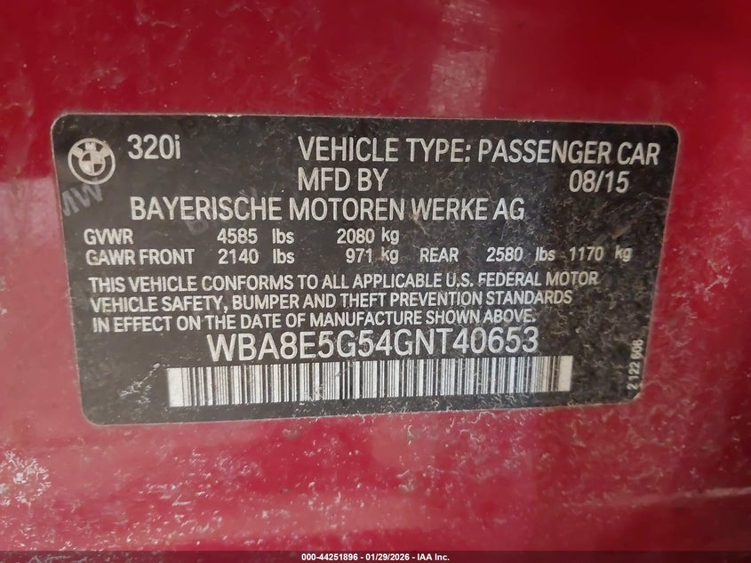 2016 BMW 3er VIN WBA8E5G54GNT40653 IAAI salvage auction — LEFT FRONT, Salvage (Minnesota), sold $2,200 on 2026-07-06 (photo 9)