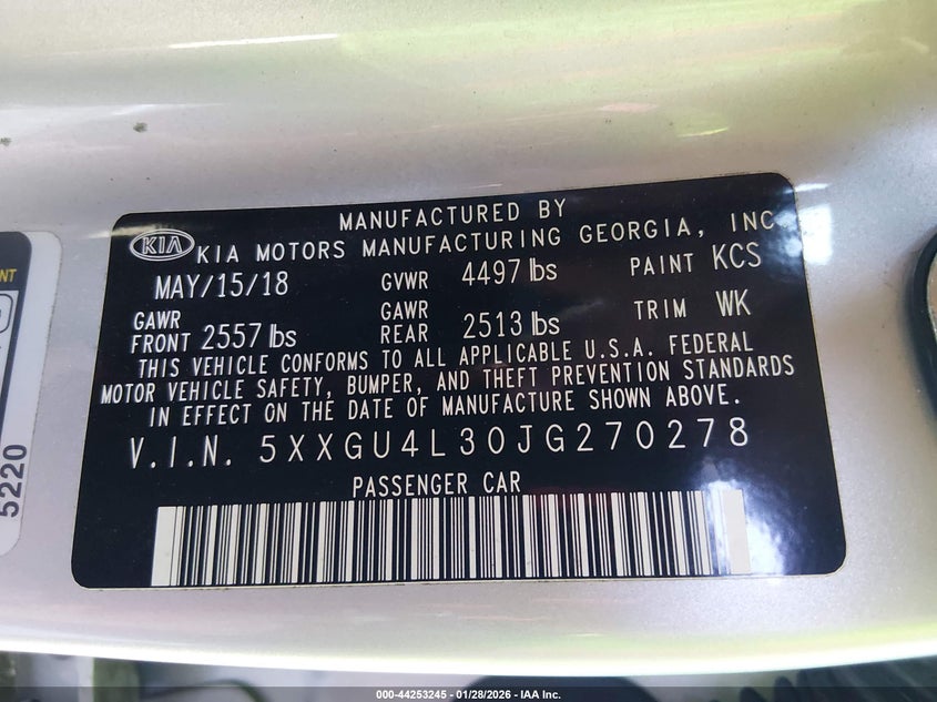 2018 Kia Optima VIN 5XXGU4L30JG270278 IAAI salvage auction — FRONT END, Salvage Title, sold $1,300 on 2026-07-23 (photo 9)